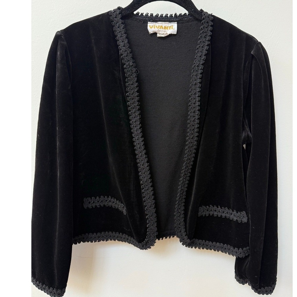 Vivanti Velvet Cardigan Women 14 Black Soutache Trim Cropped Jacket Vintage